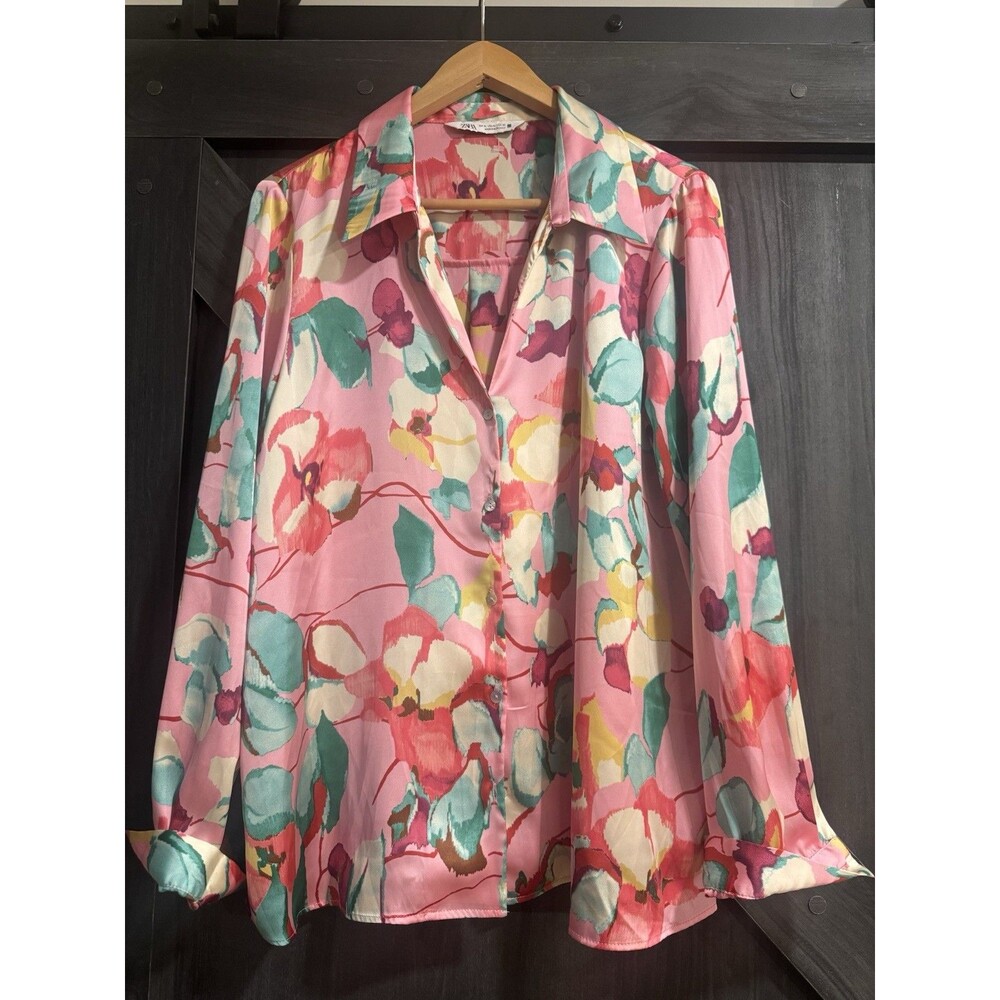 ZARA Pink Floral Collared Long Sleeve Button-Up Blouse, Size XL
